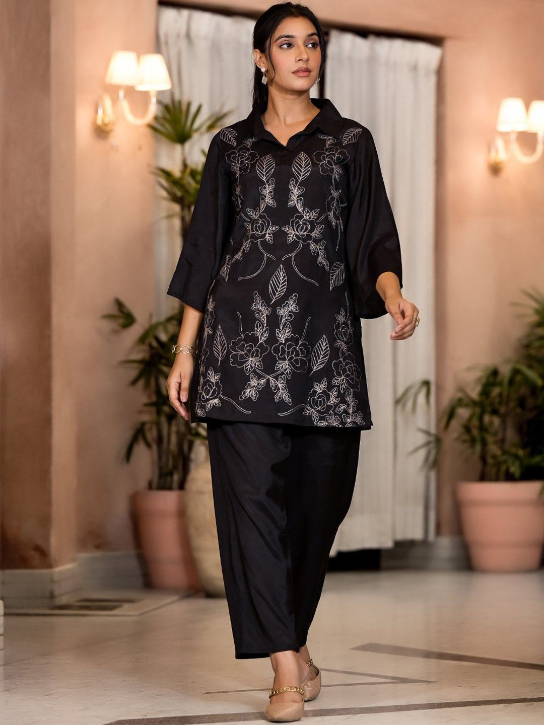 AUTUMN LANE Irene Jade Floral Embroidered Cotton Silk Top With Trousers