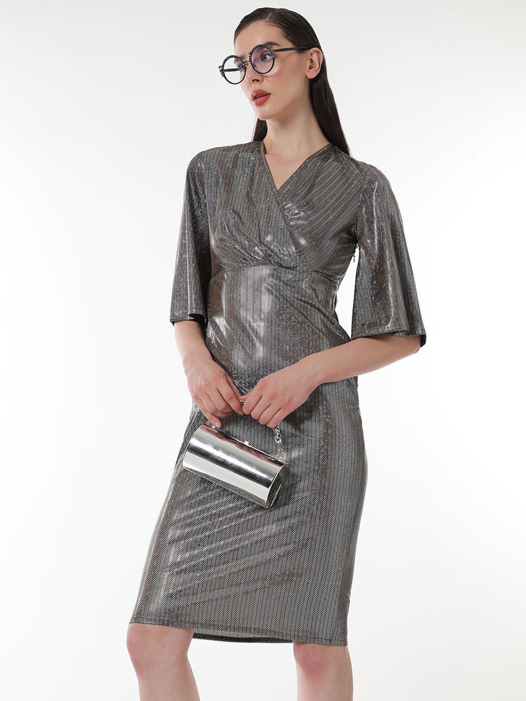 PINACOLADA Women Antique Silver Metallic-Chevron Wrap Dress