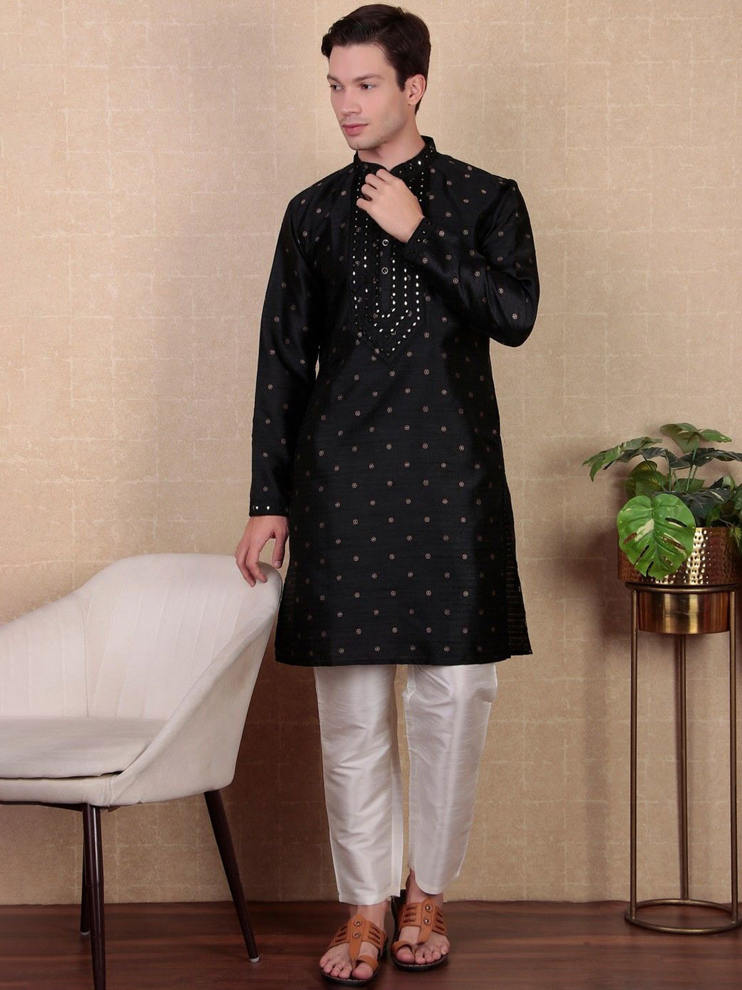 Koshin Floral Woven Design Long Sleeves Thread Work Jacquard Art Silk Kurta