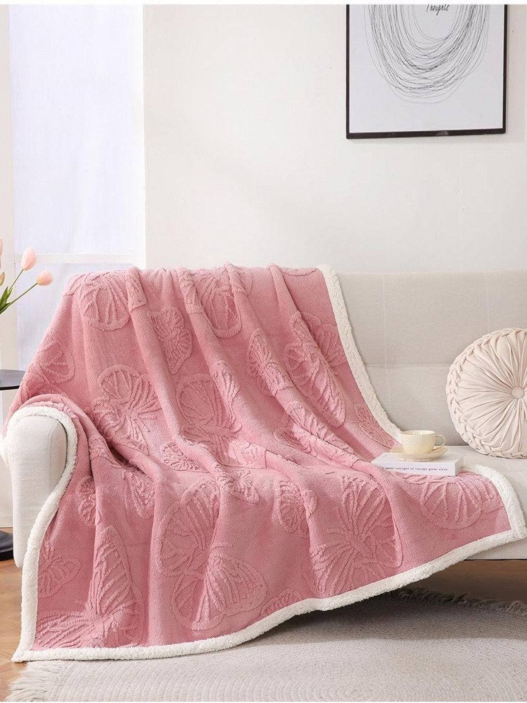 Butterthief Kids Pink & White Butterflies Sherpa Heavy Winter 210 GSM Single Bed Blanket