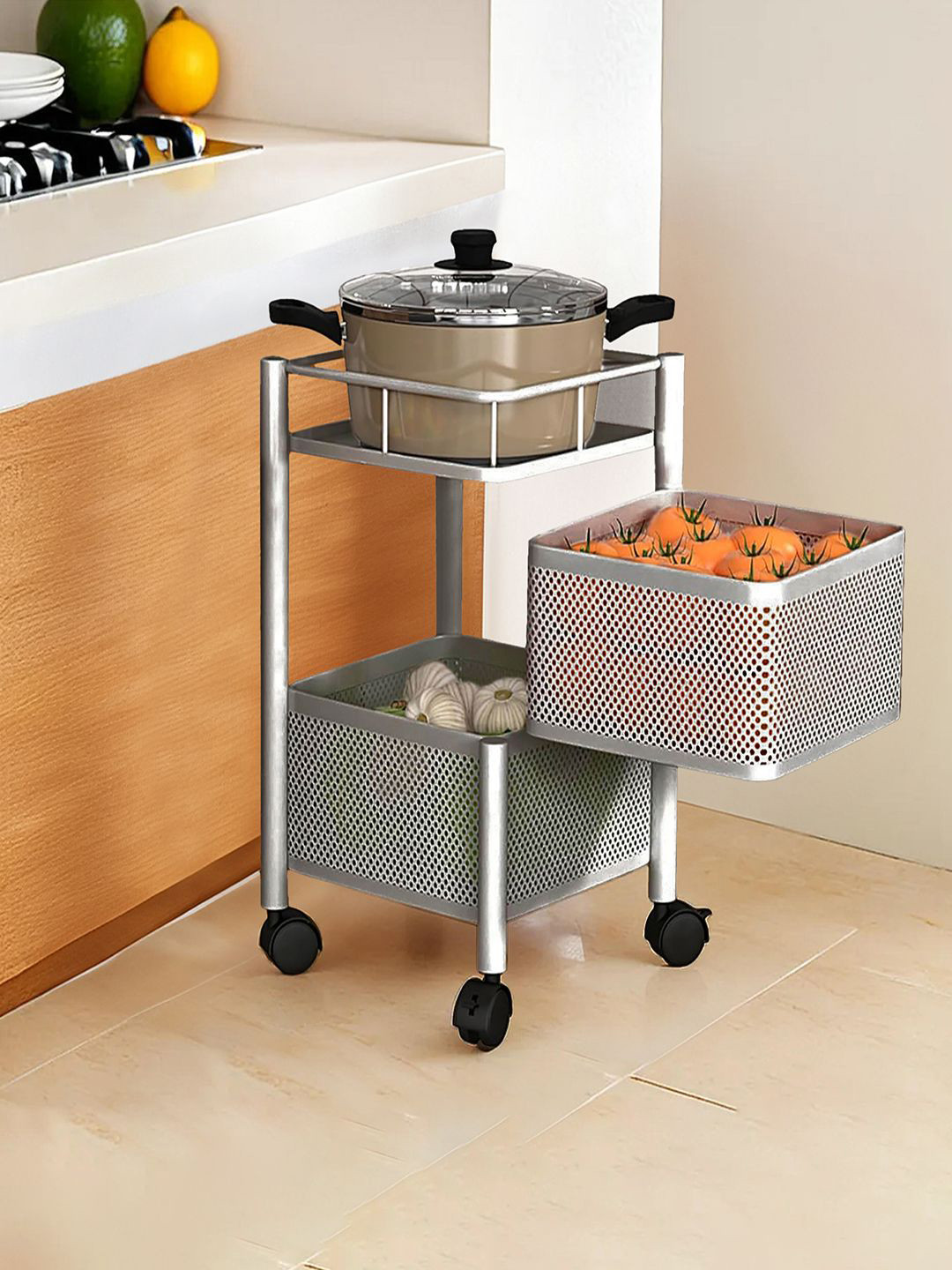 Kuber Industries Silver Toned 2 Pieces 2-Tier Revolving Storage Rack with Wheels