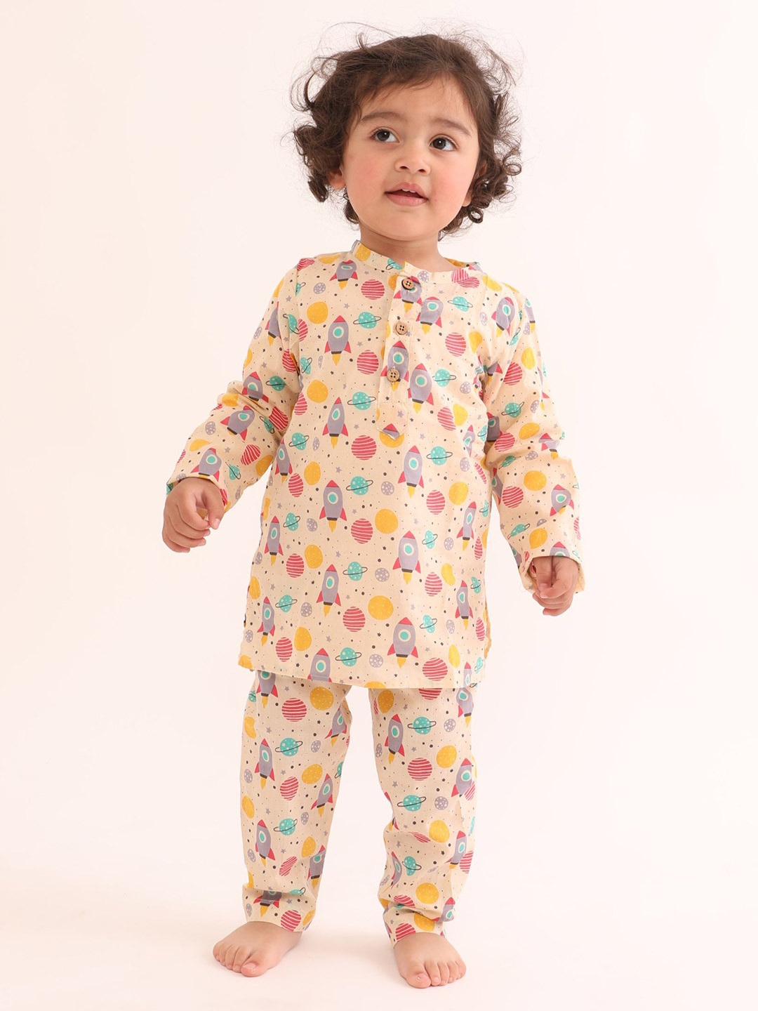 LITTLE MITTHU Unisex Kids Printed Band Collar Neck Pure Cotton Kurta With Trousers