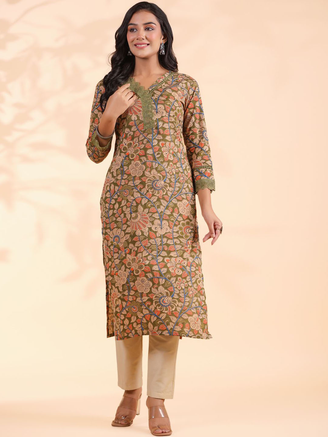 Vbuyz Floral Printed V-Neck Cotton Straight Kurta