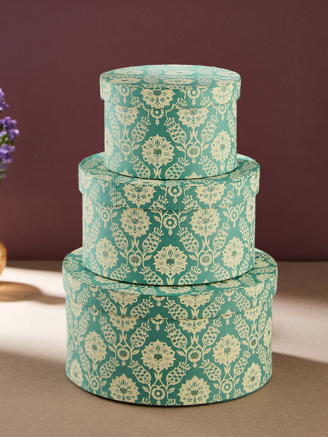 Fabindia Teal 3 Pieces Floral Printed Sarkhaab Gift Boxes