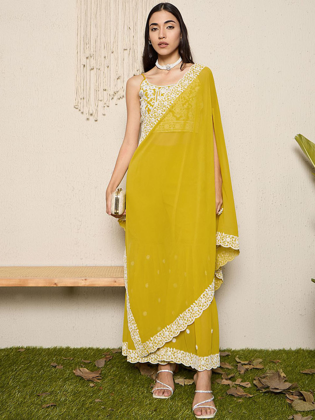 Anouk Yellow & White Floral Embroidered Shoulder Straps Top with Sharara & Dupatta