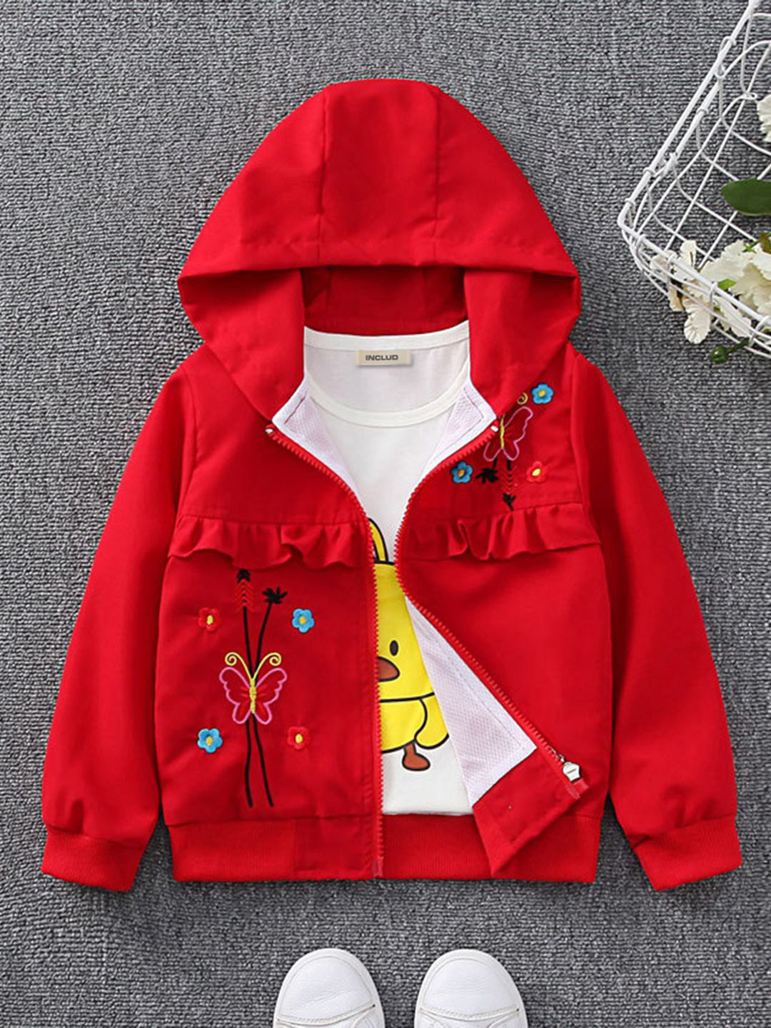INCLUD Girls Hooded Neck Self Design Open Front Embroidered Jacket