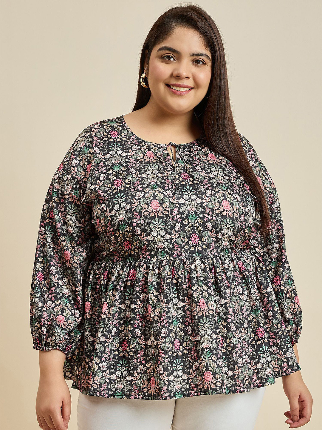 Sztori Floral Printed Plus Size Empire Top