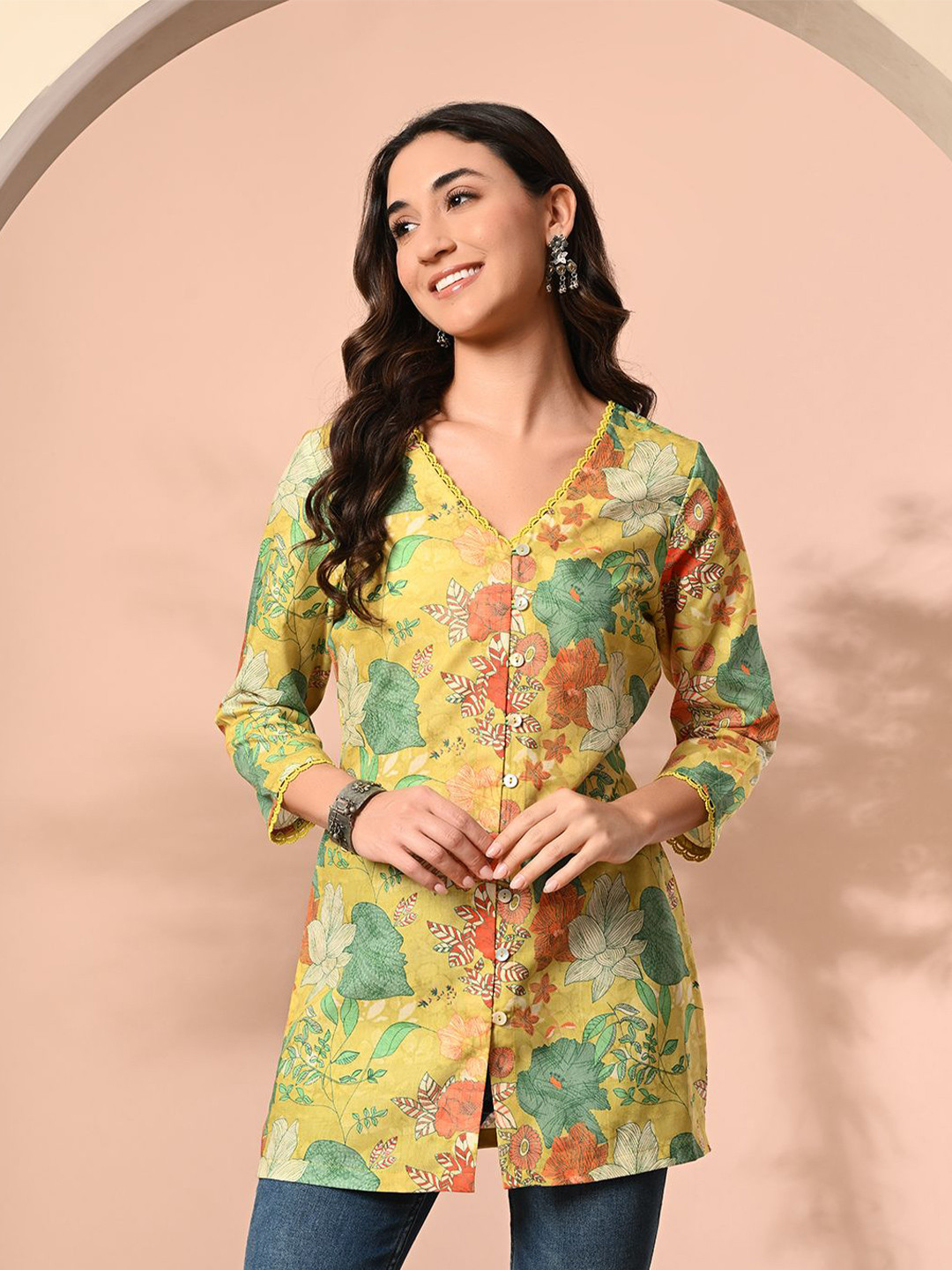 MEESAN Women V-Neck Floral Printed Casual Tunic