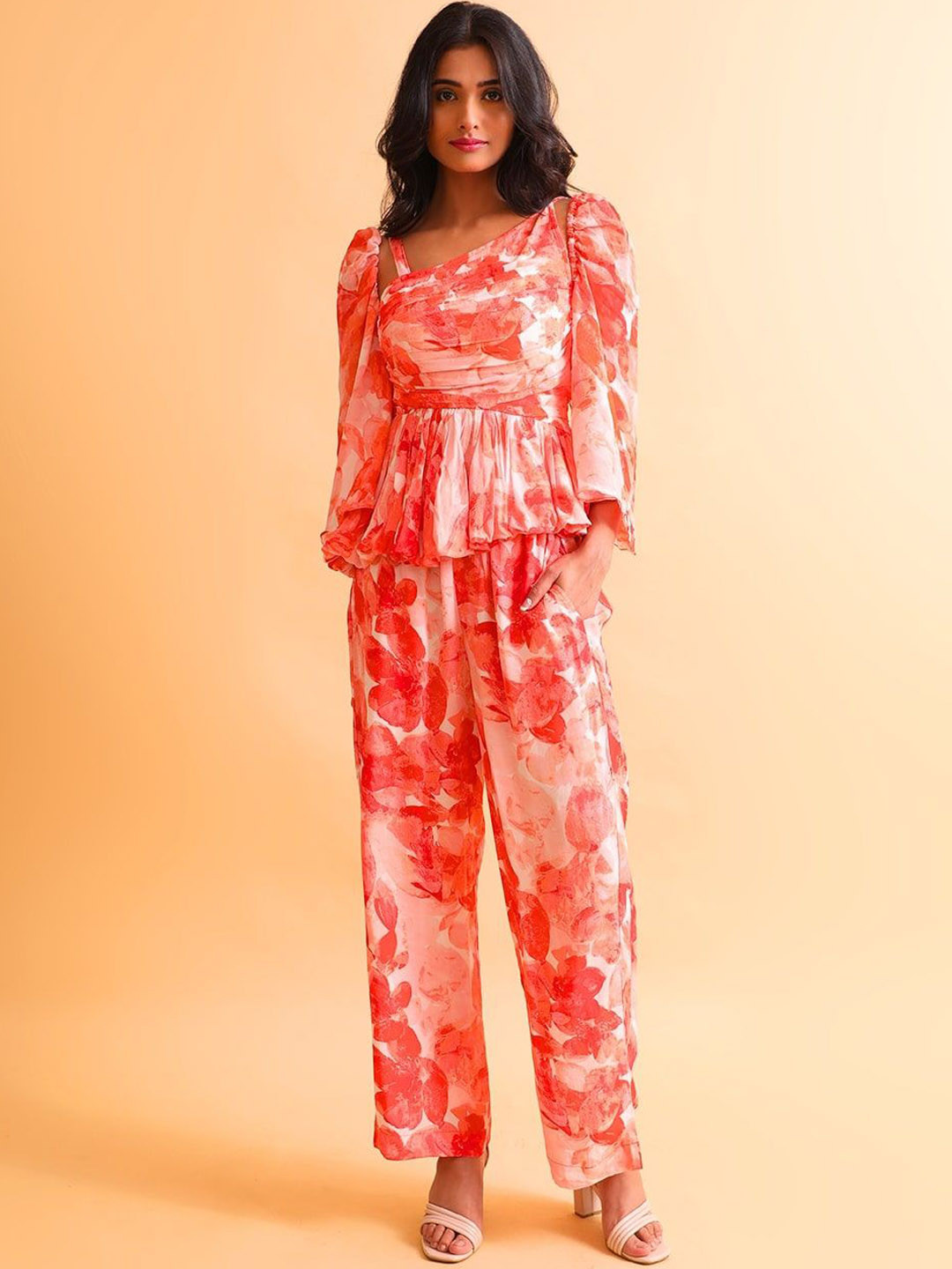 NH KAPDEWALA Floral Printed One Shoulder Top With Trousers