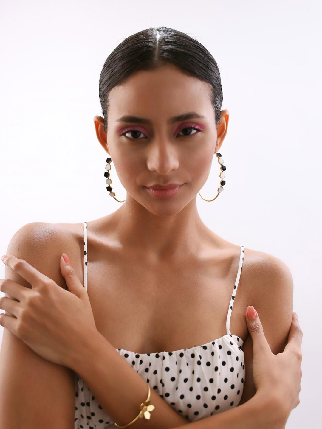 Varnika Arora Gold-Plated Geometric Mother of Pearl Half Hoop Earrings