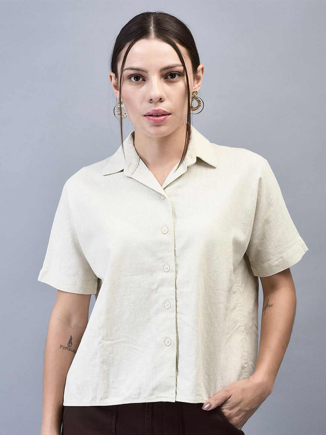 Woods Women Linen Shirt Style Short Sleeves Top