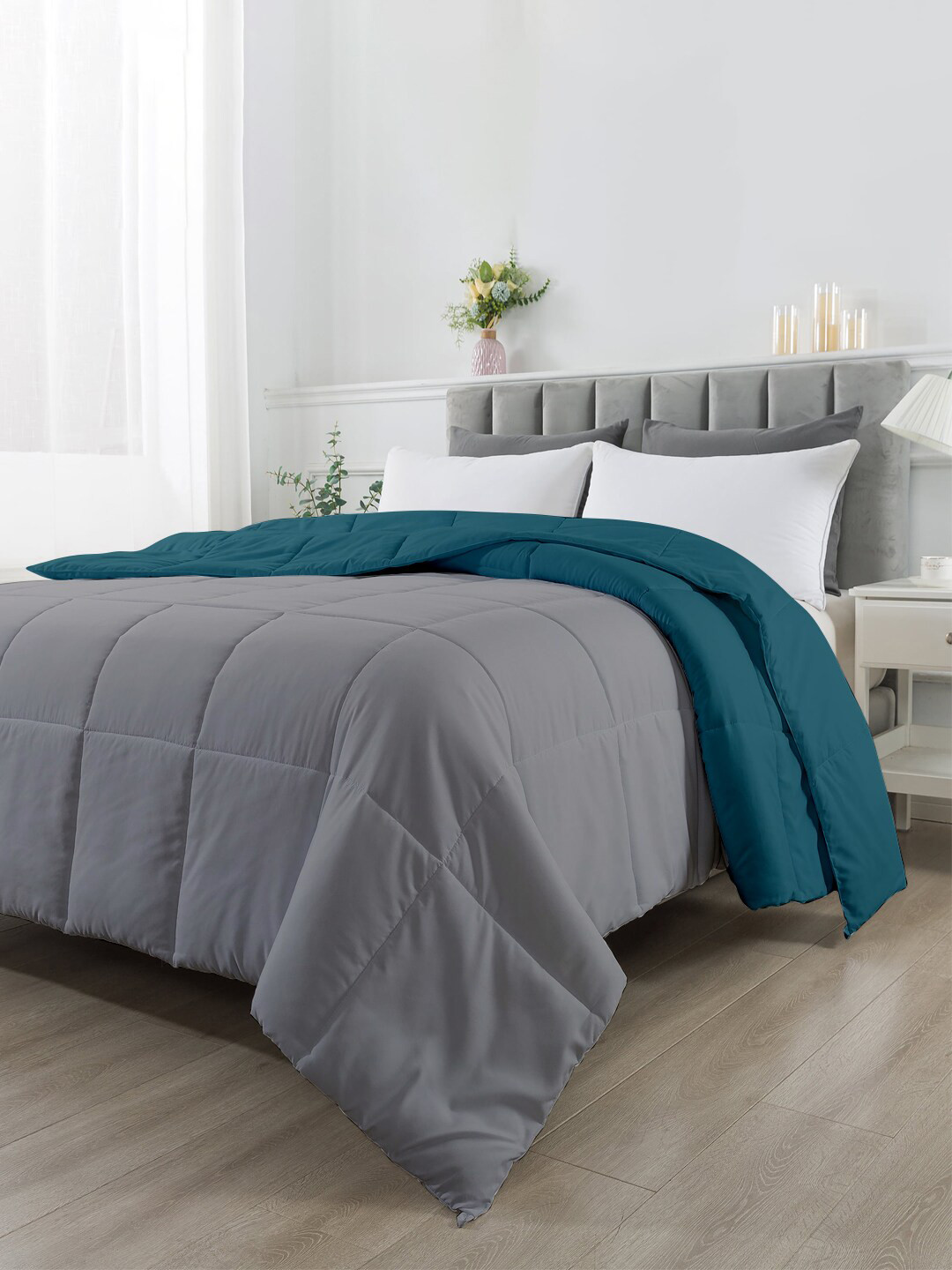 RAZZAI Teal & Silver-Toned Microfiber Mild Winter 210 GSM Single Bed Comforter