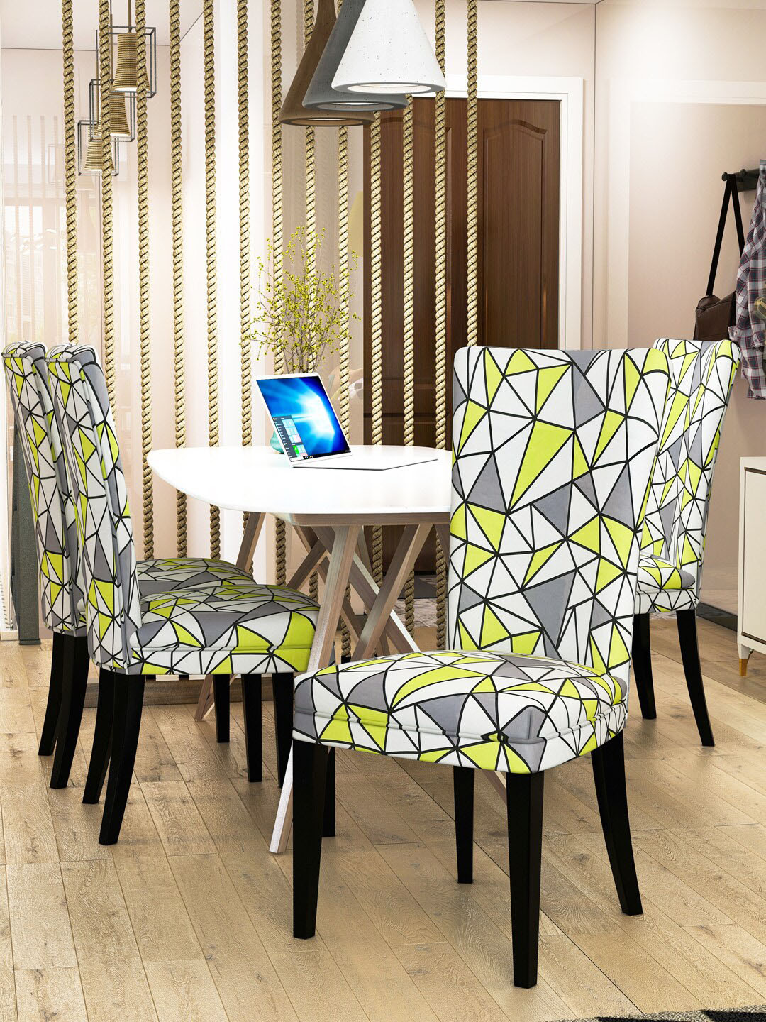 Nendle Set Of 4 Fluorescent Green Printed Chair Cover