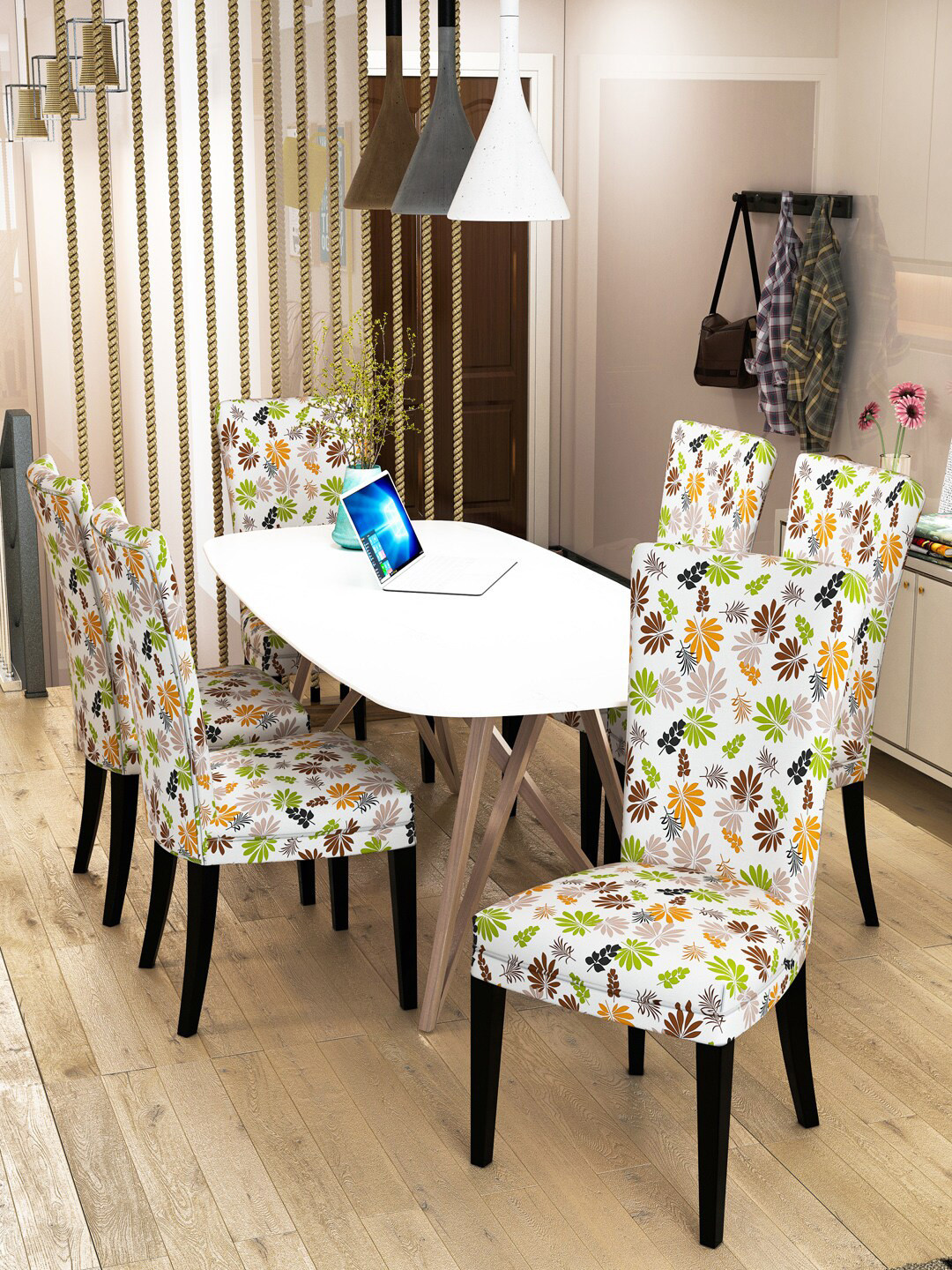 Nendle Set Of 6 White & Red Printed Chair Cover