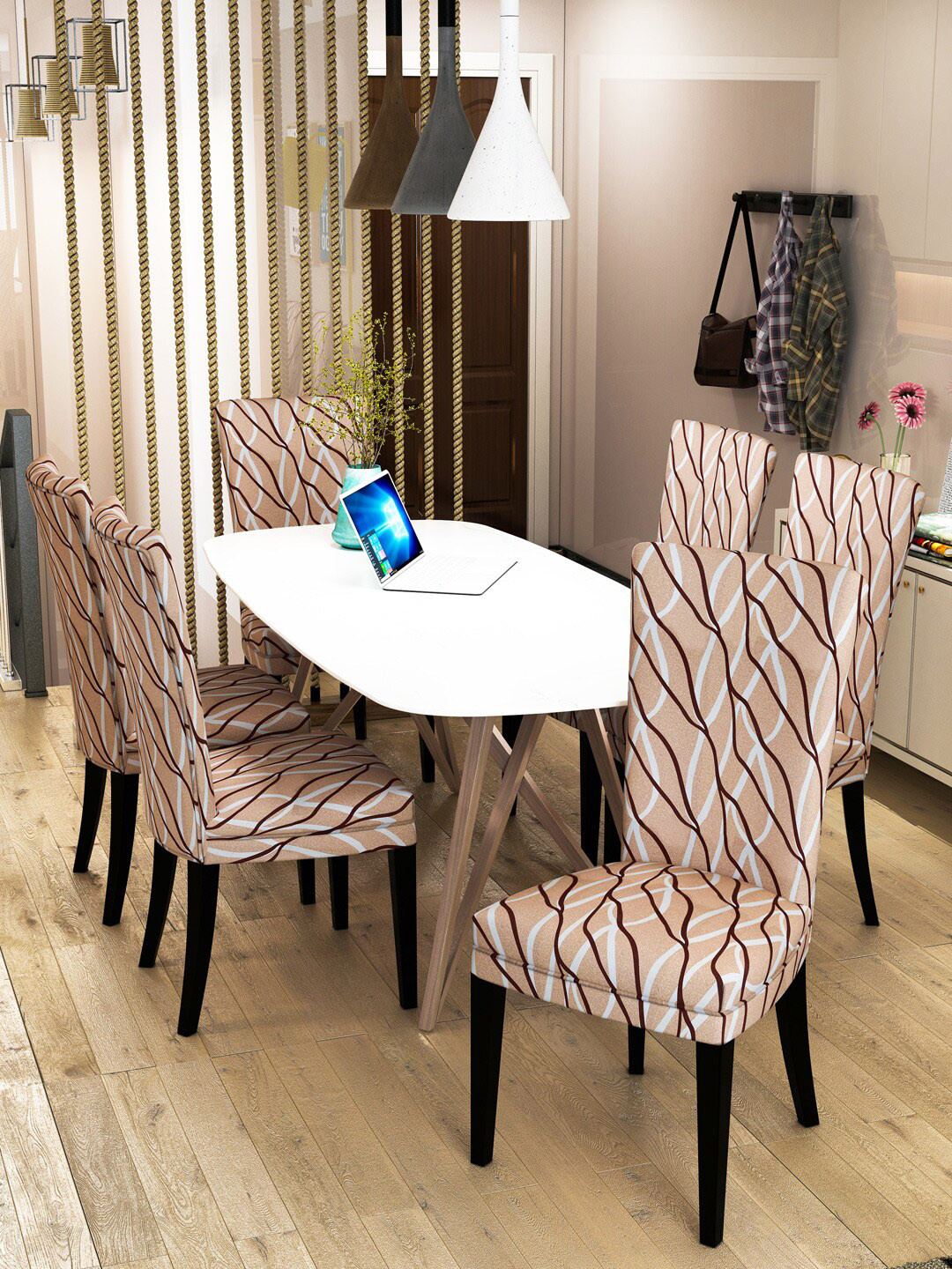 Nendle  Set Of 6 Camel Brown Printed Chair Covers