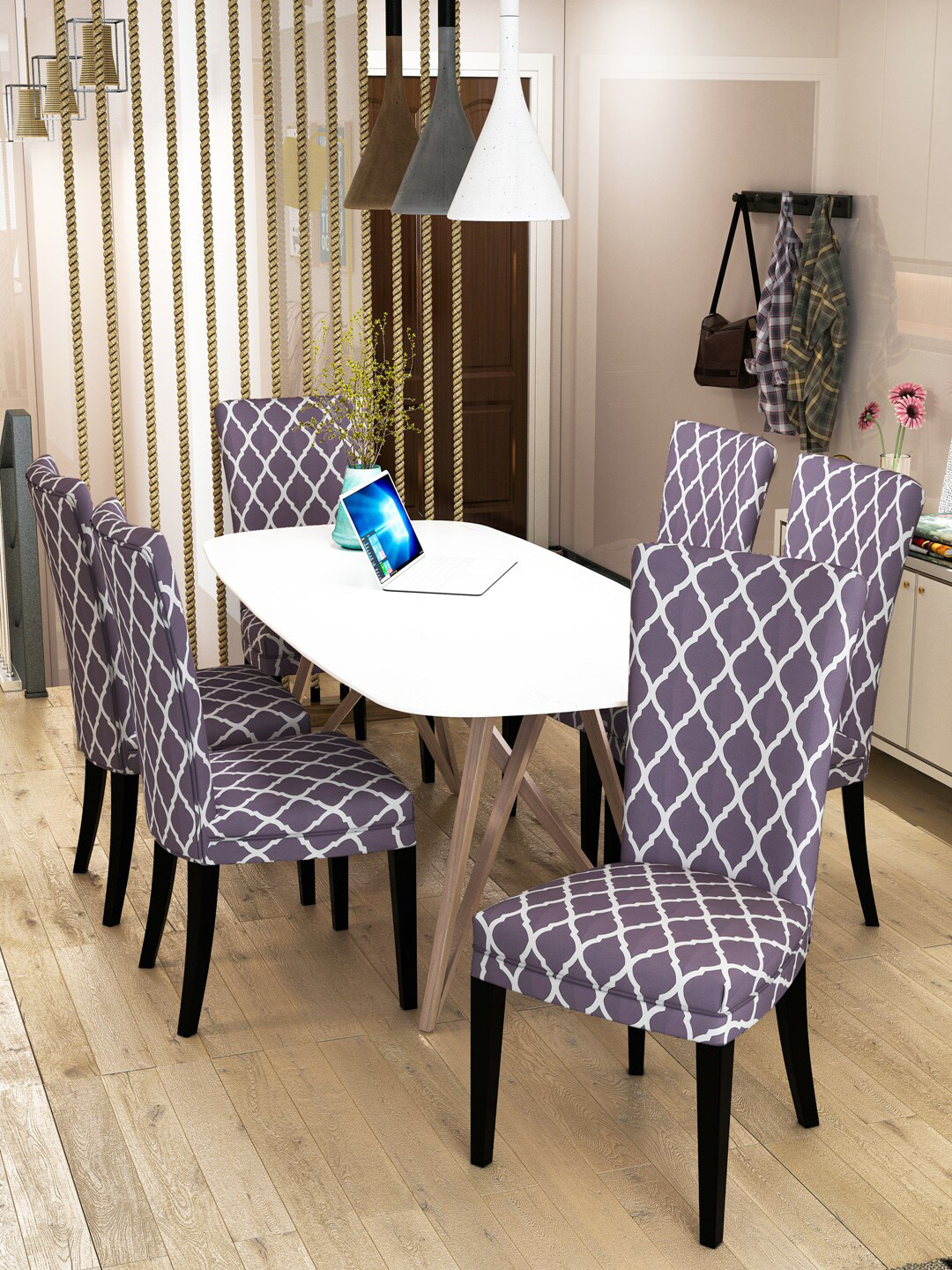 Nendle Set Of 6 Grey Melange Printed Chair Covers