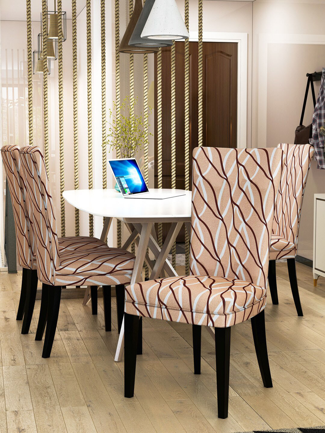 Nendle Set of 4 Camel Brown Printed Stretchable Dining Table Chair Covers