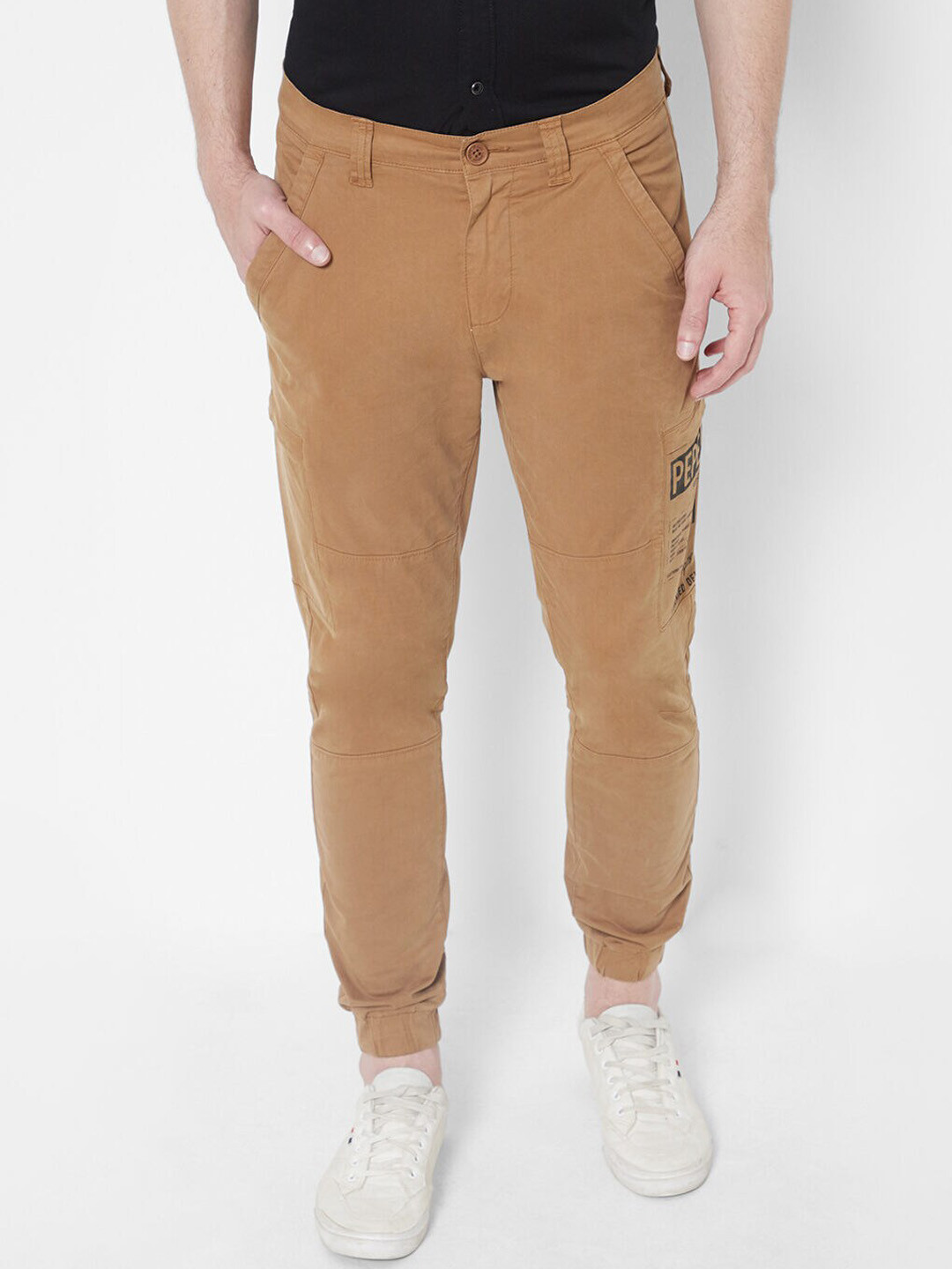 Pepe Jeans Men Khaki Solid Slim-Fit Cotton Joggers