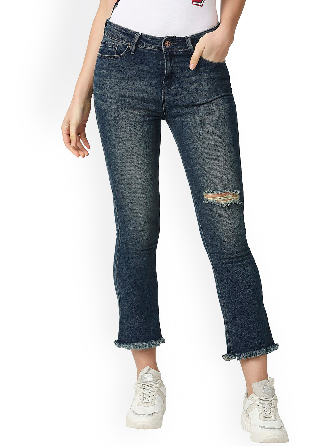 Pepe Jeans Women Blue Flared High-Rise Slash Knee Light Fade Jeans