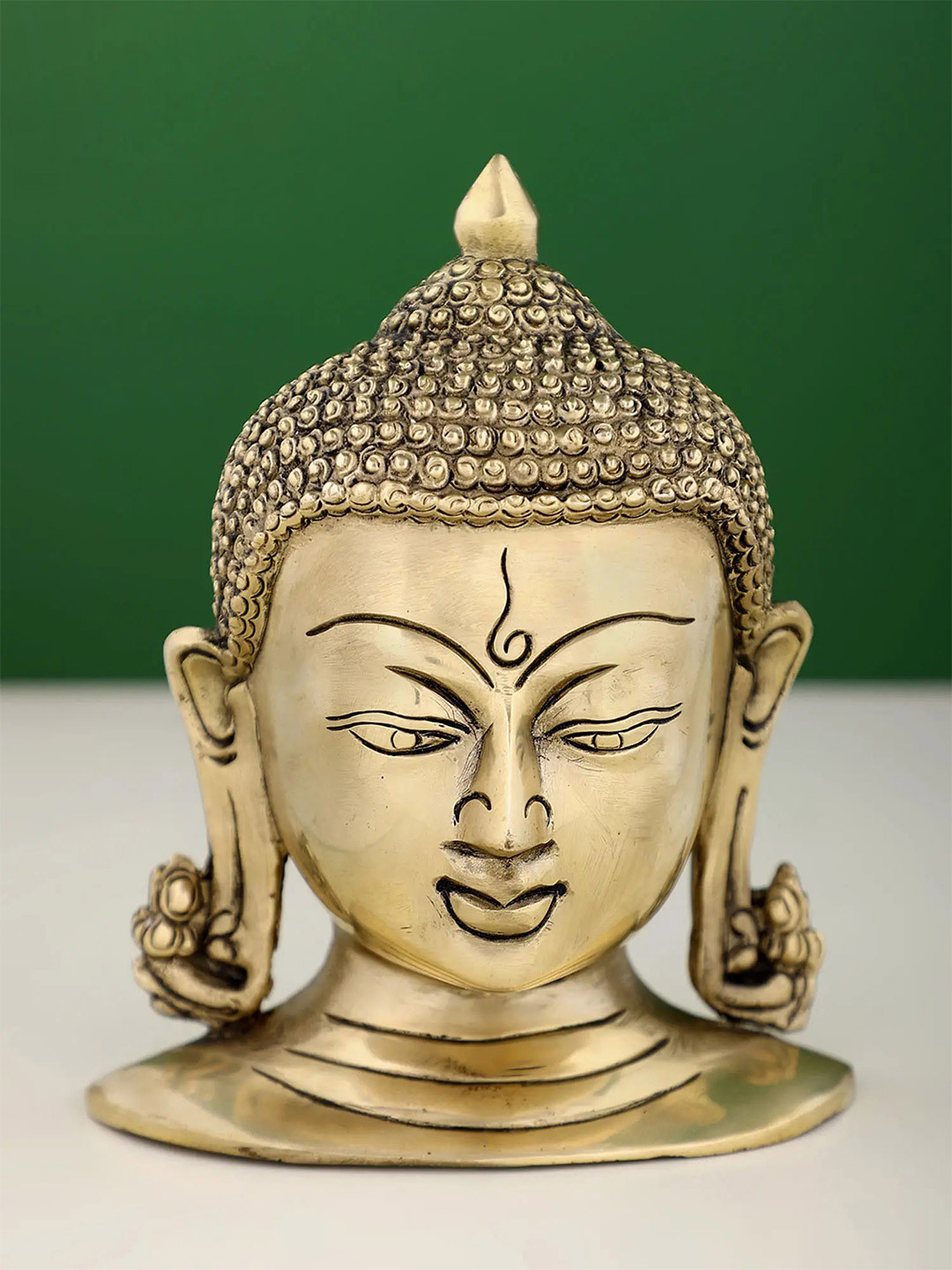 Exotic India Buddha Head Wall Hanging Brass Ethnic Motifs Antique Spiritual Wall Decor-6In