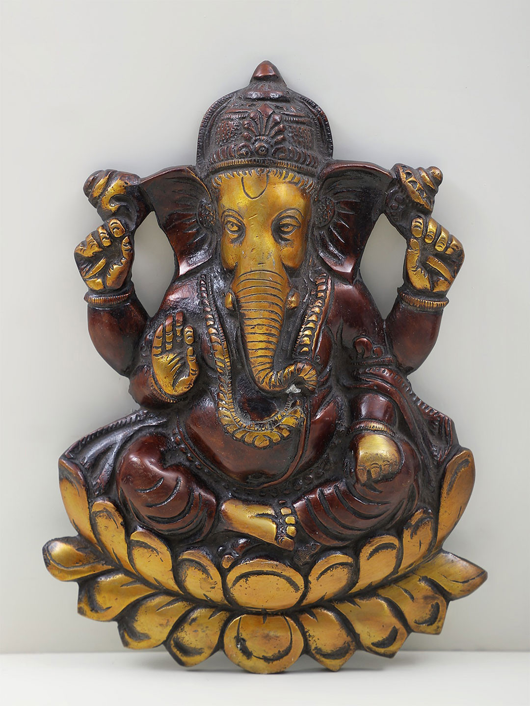 Exotic India Lord Ganesha Seated On Lotus Brass Floral Antique Spiritual Wall Decor-10In