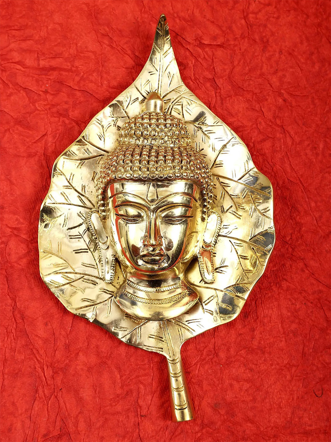 Exotic India Buddha Head on Peepal Leaf Brass Glossy Spiritual Wall Decor-9In