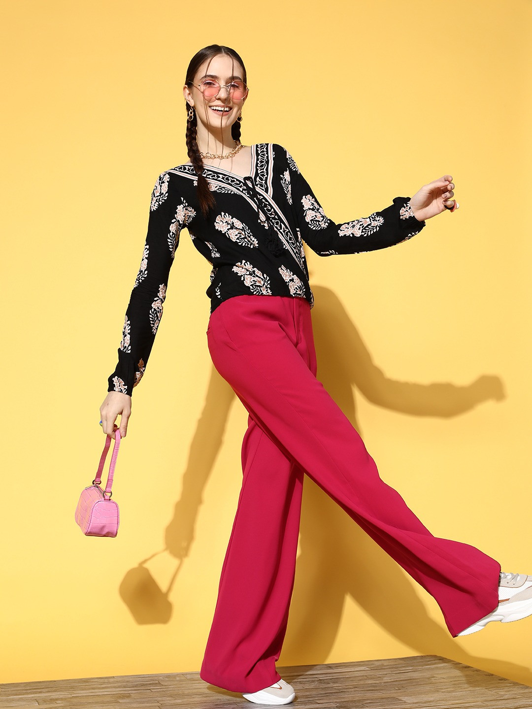 Berrylush Deep Black Floral Fluid Tie-Up Top