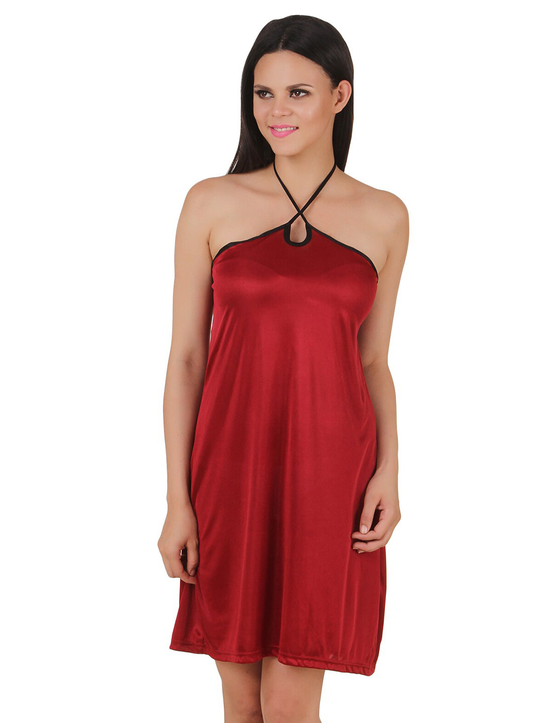 Fasense Maroon & Black Satin Halter Neck Baby Doll