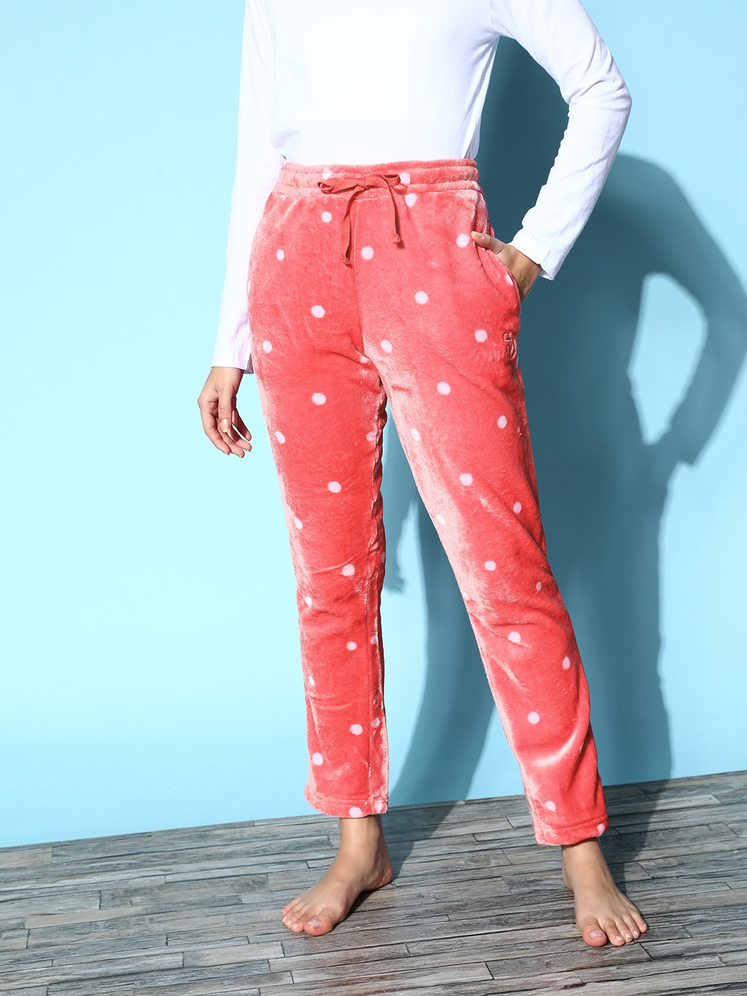 Sweet Dreams Women  Peach Printed Velvet Night In Lounge Pants