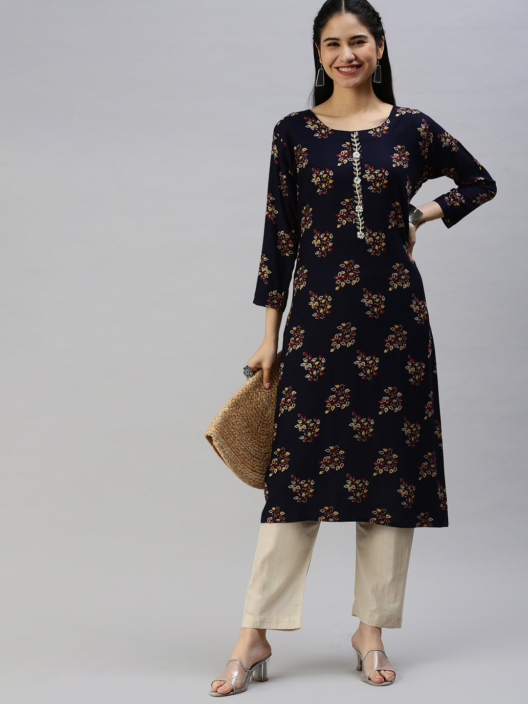 swatika Women Navy Blue & White Floral Printed Kurta