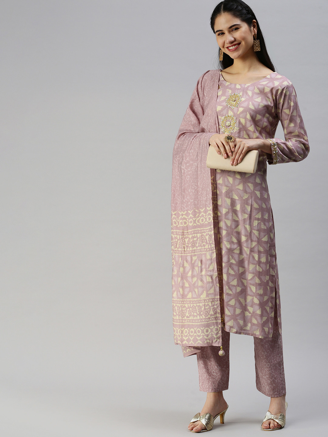 swatika Women Dusty Pink & Cream-Coloured Printed Zardozi Kurta with Trousers & Dupatta