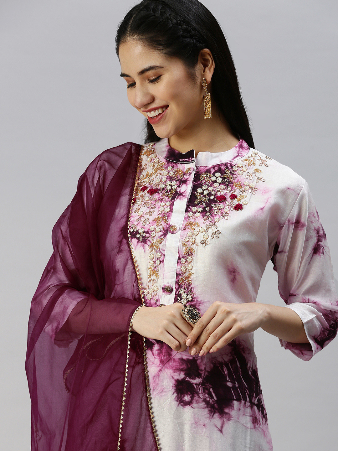 swatika Women White & Purple Bandhani Printed Zardozi Kurta Set With Dupatta