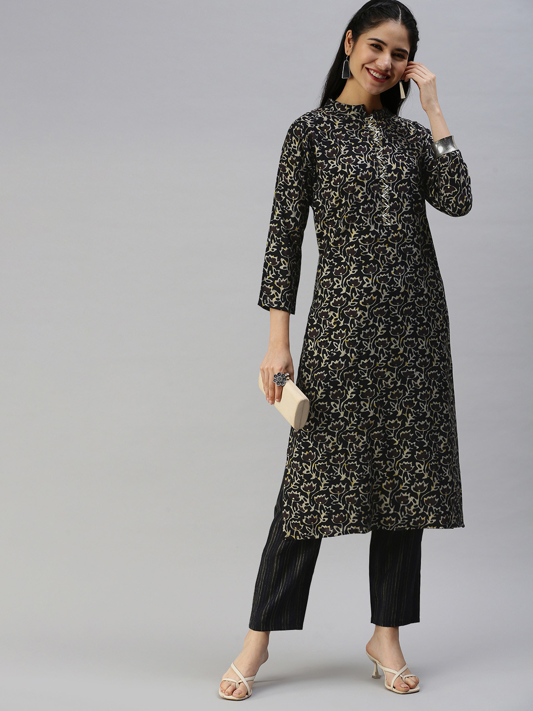 swatika Women Black & Beige Ethnic Motifs Printed Beads and Stones Kurta with Trousers
