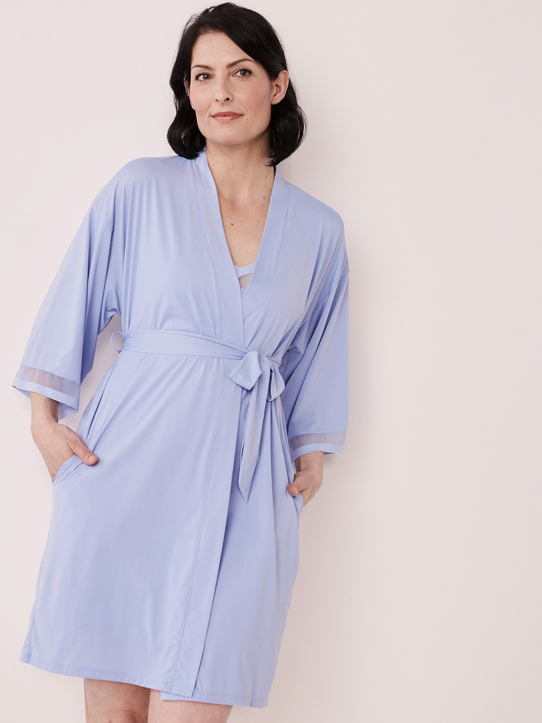 La Vie en Rose Women Blue Solid Lace Kimono Robe