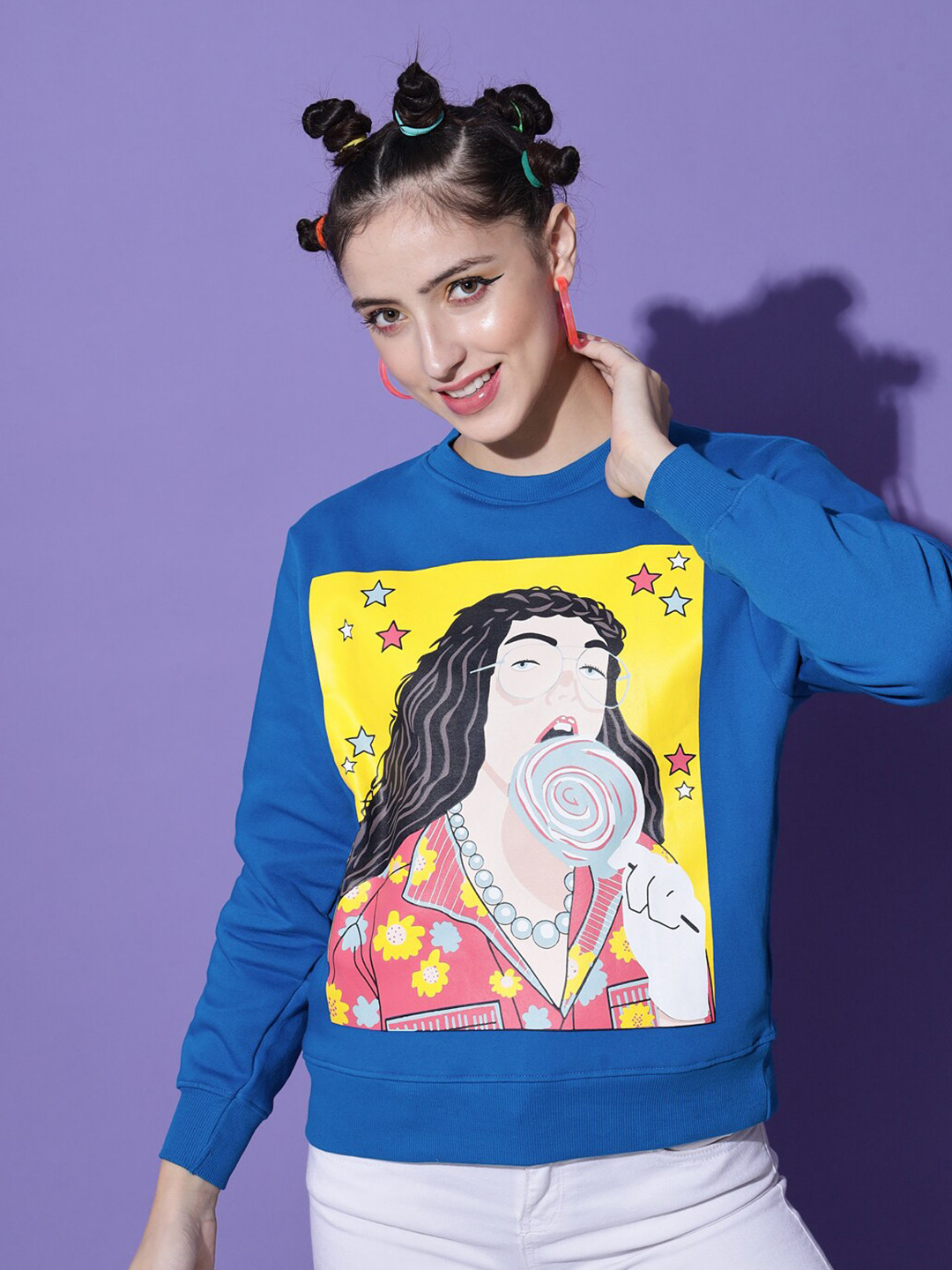 The Dry State Women Blue Printed Fleece Sweatshirt