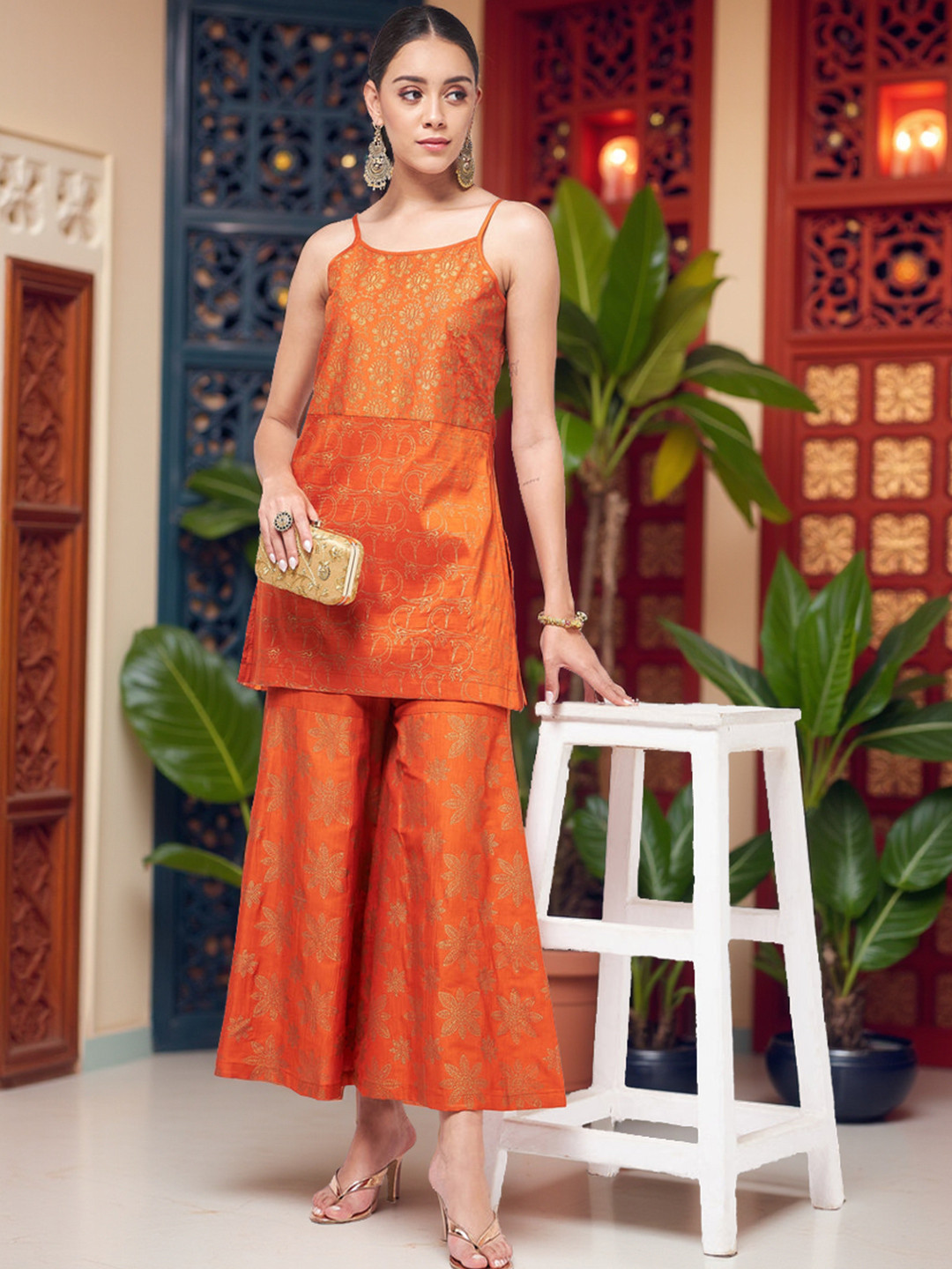 Pannkh Women Orange Floral Printed Kurta with Sharara