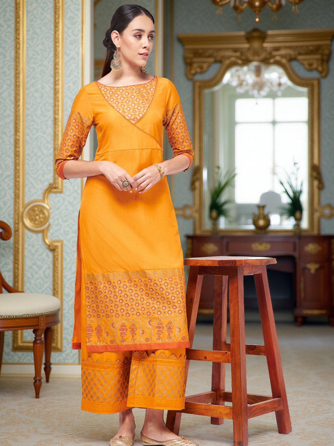 Pannkh Women Orange Printed Angrakha Kurta with Palazzos