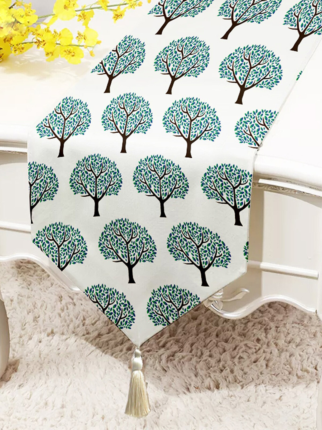 STITCHNEST Green & White Cotton Canvas Printed Table Runner