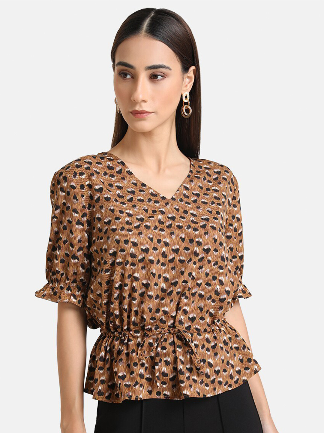 Kazo Brown Animal Print Cinched Waist Top