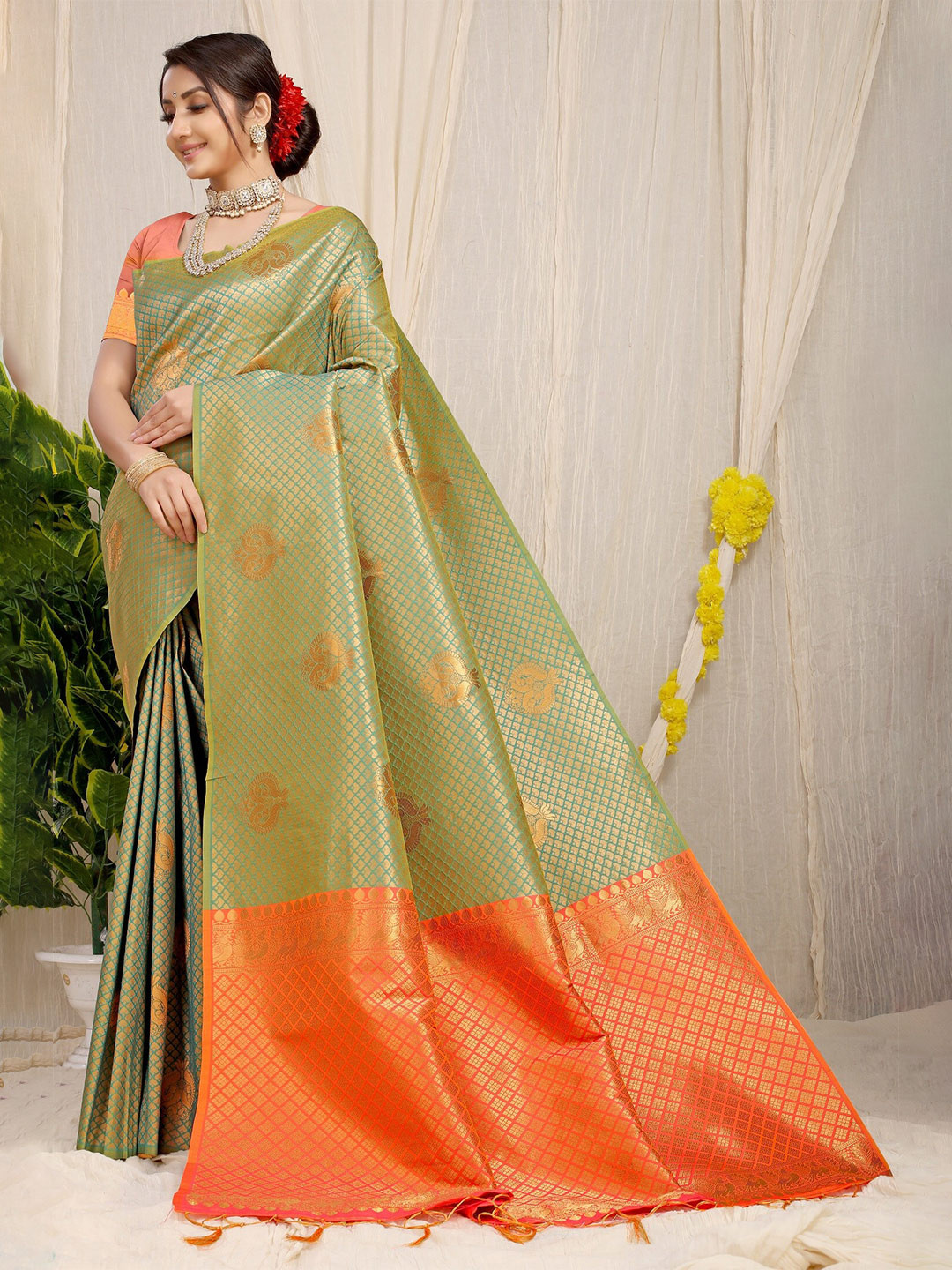Anaita Olive Green & Orange Woven Design Zari Banarasi Saree