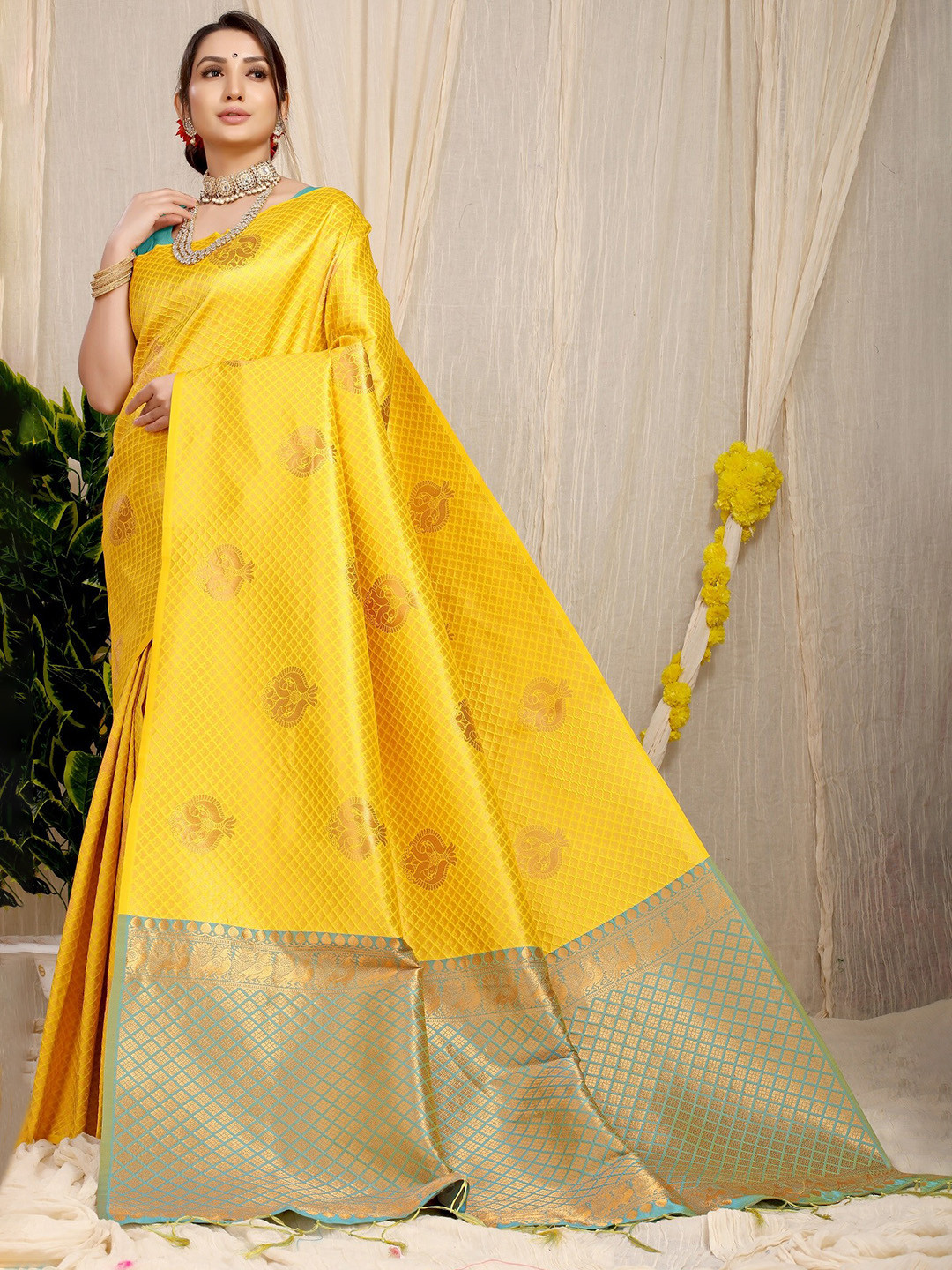 Anaita Yellow & Blue Woven Design Zari Banarasi Saree
