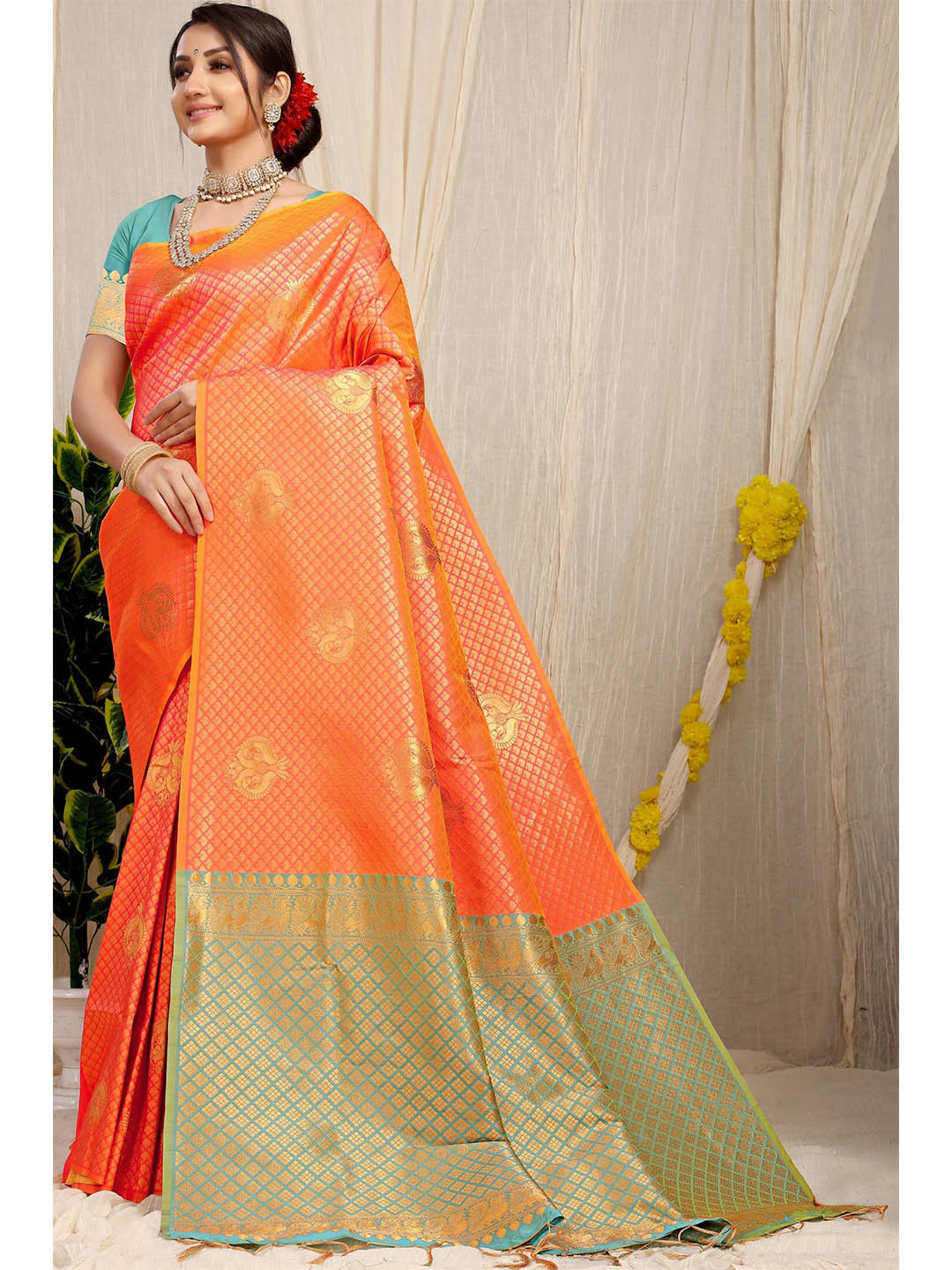 Anaita Orange & Turquoise Blue Woven Design Zari Banarasi Saree