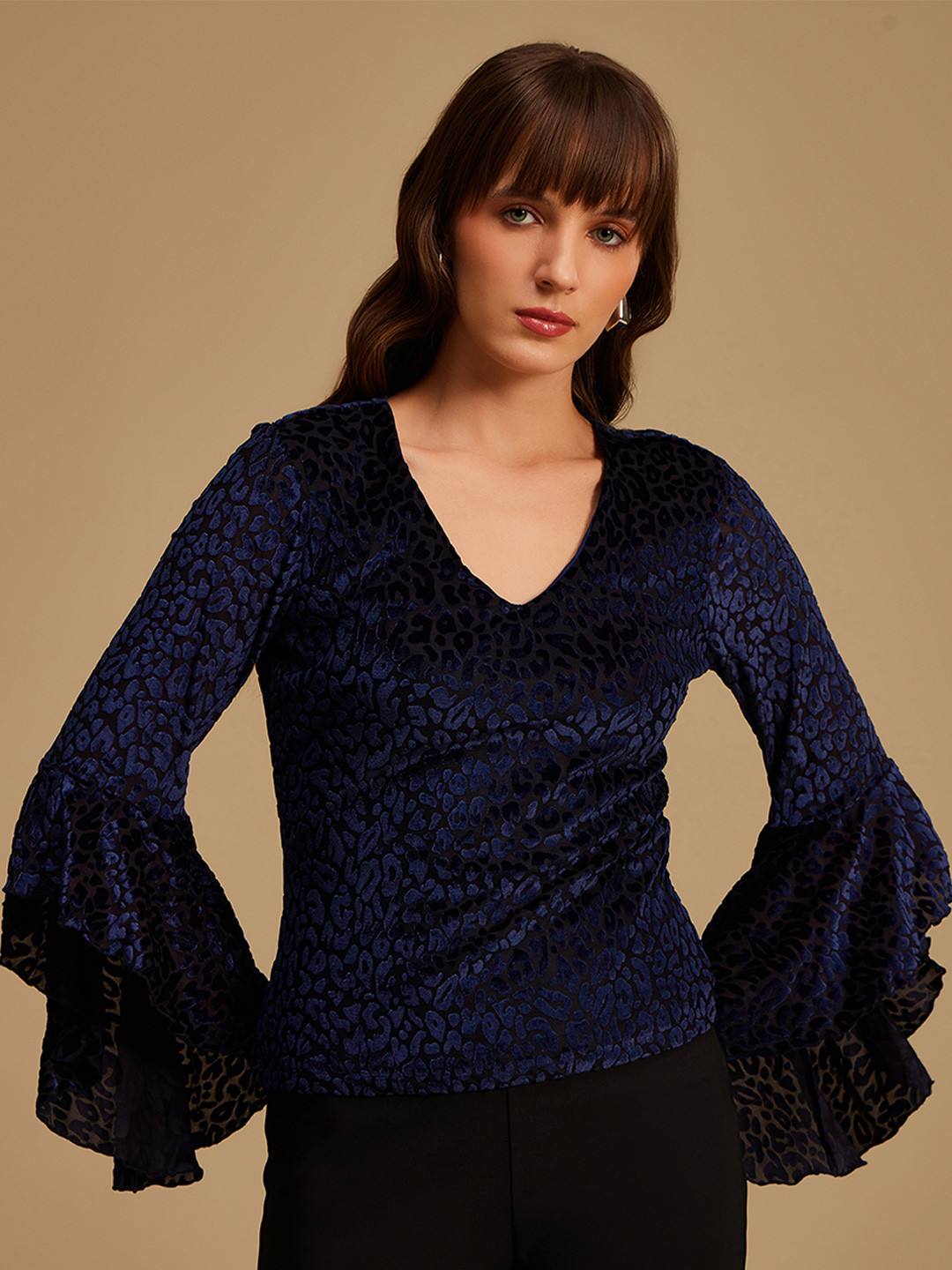 Kazo Navy Blue Print  Flared Sleeves Top