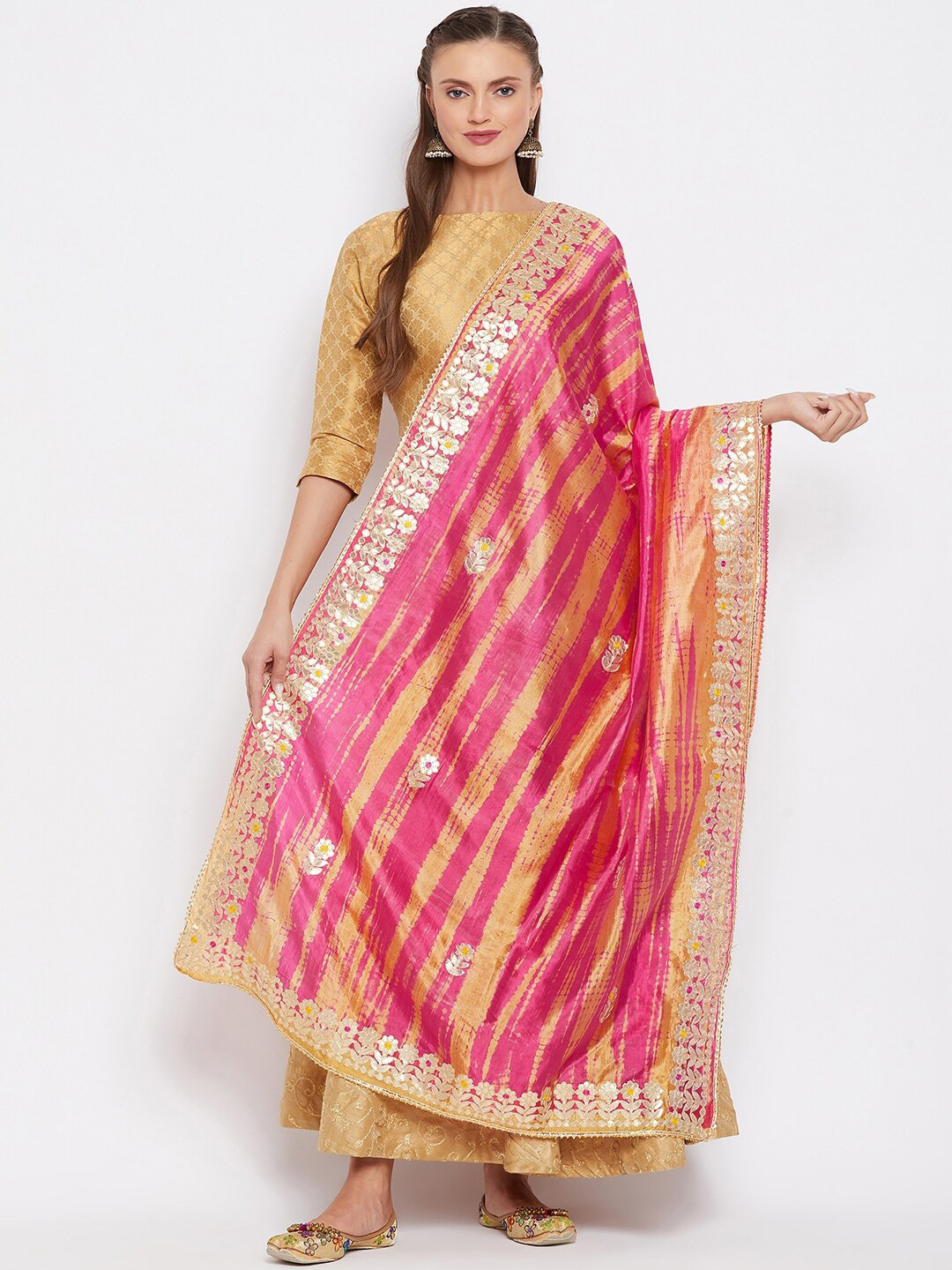Clora Creation Magenta And Yellow Dyed Gotta Patti Dupatta