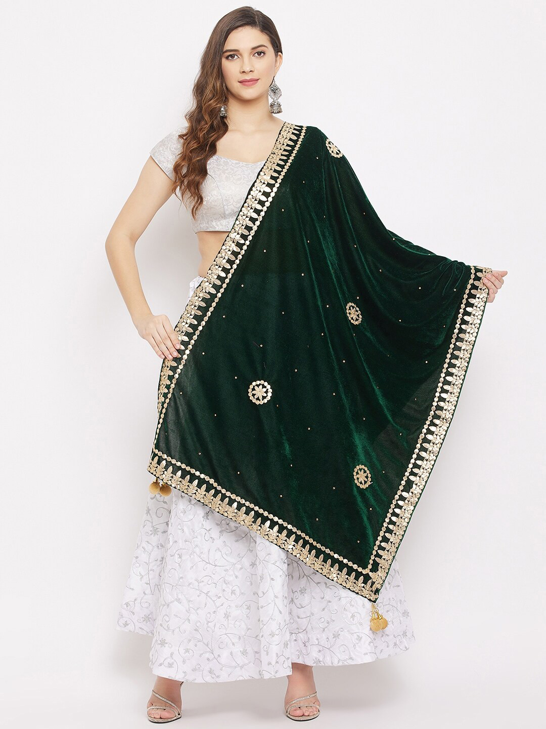 Clora Creation Women Green & Gold Embroidered Velvet Dupatta with Gotta Patti