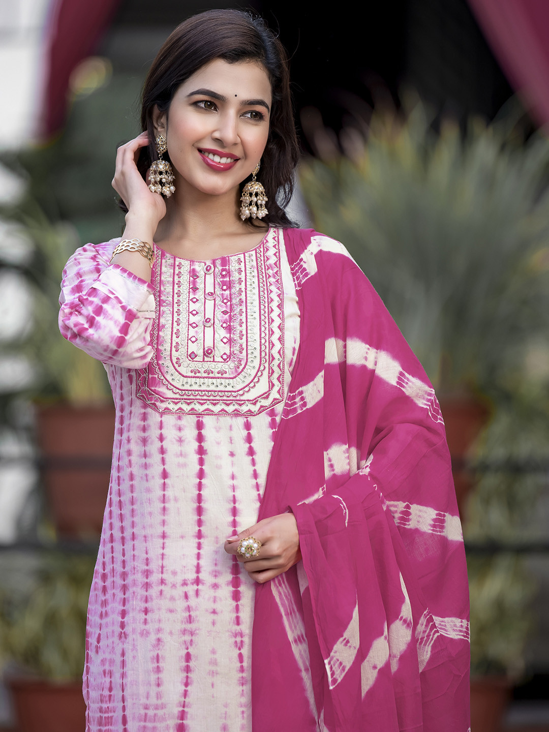 KALINI Women Pink Leheriya Printed Pure Cotton Kurta with Trouser & With Dupatta