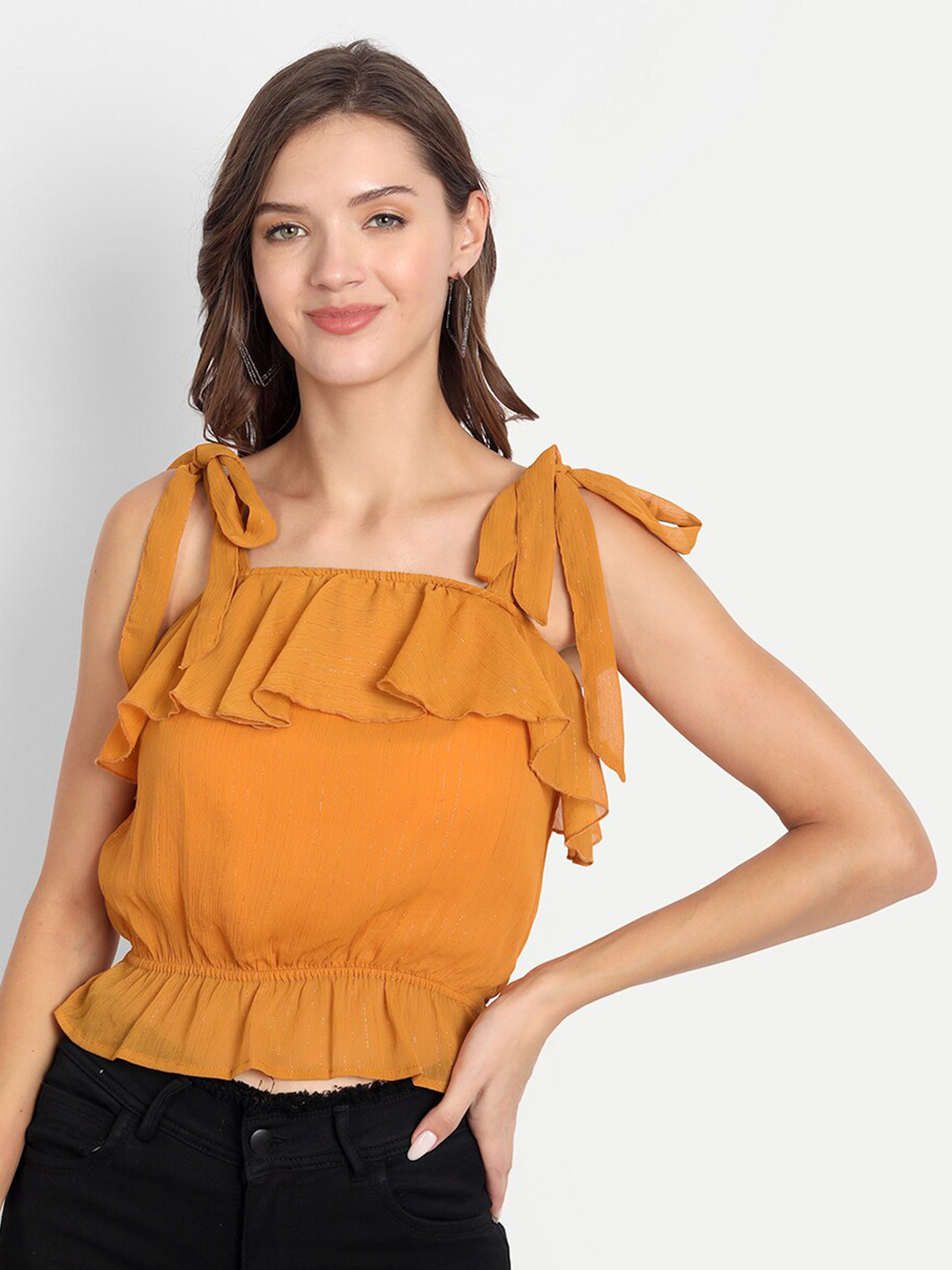 D 'VESH Women Mustard Yellow Ruffles Chiffon Blouson Top