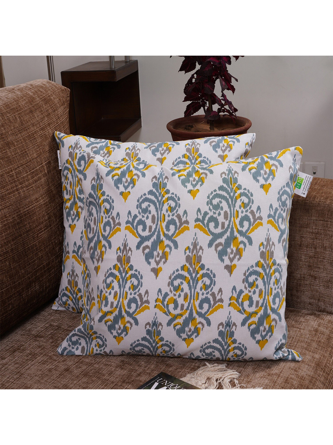 HOMEMONDE White Ethnic Motifs Polyester Silk Breathable 2 Pcs Cushion Covers -12x12In