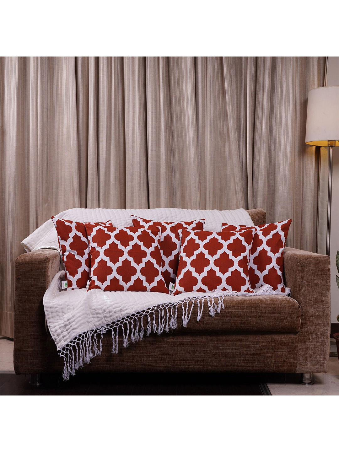 HOMEMONDE Rust & White Set of 5 Square Cushion Covers