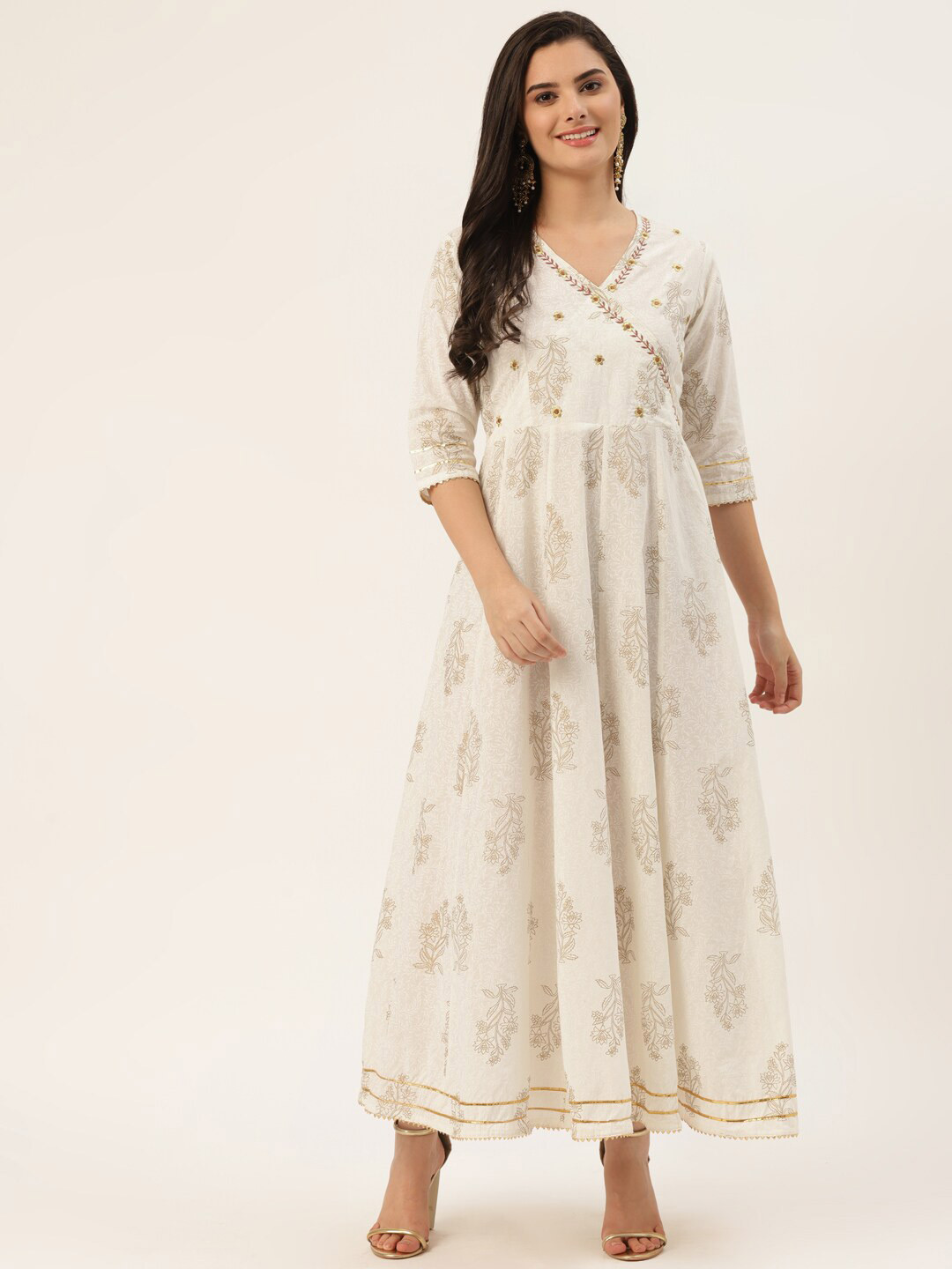 HERE&NOW Women Off White Floral Cotton Fit and Flare  Maxi Ethnic Dress